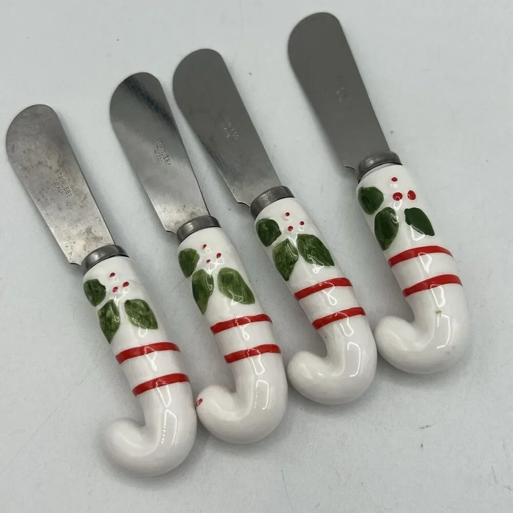 12 Vtg Ceramic Candy Cane Spreaders Appetizer Forks Spoons Condiments Stainless